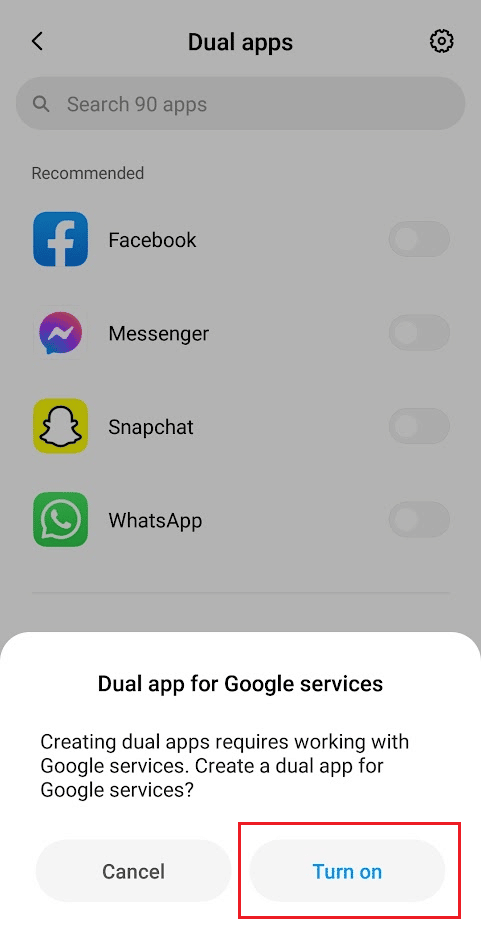 Toque Activar desde la ventana emergente para otorgar permiso para crear una aplicación dual para los servicios de Google