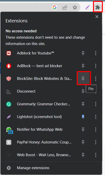 haga clic en el icono de extensión y en el icono de alfiler |  ¿Por qué MSN se abre automáticamente?
