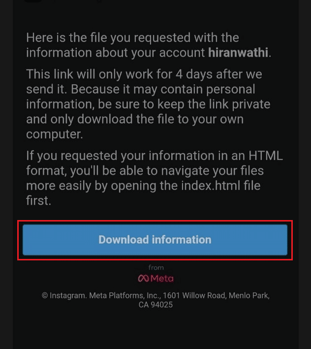 Abra el correo recibido con su archivo de datos IG y toque Descargar información |  copia de seguridad de mis chats de Instagram