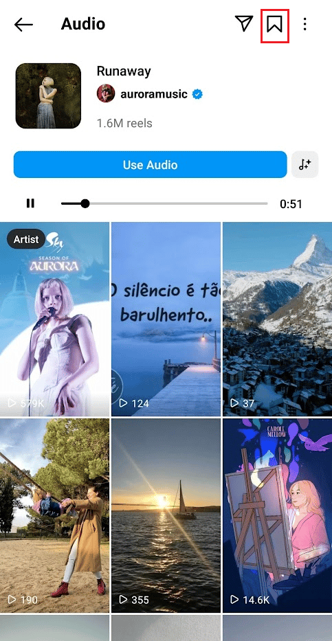 toque el ícono de marcador en la esquina superior derecha para guardar el audio en su aplicación IG