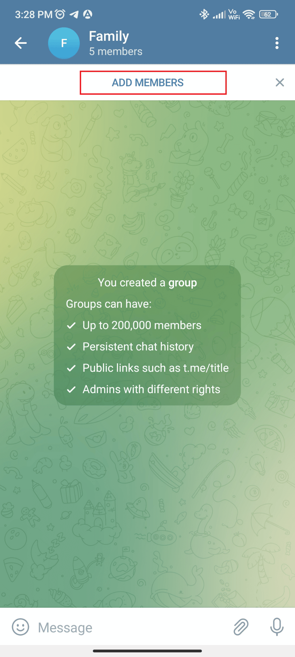 Toque Agregar miembros si es un grupo nuevo sin conversación 