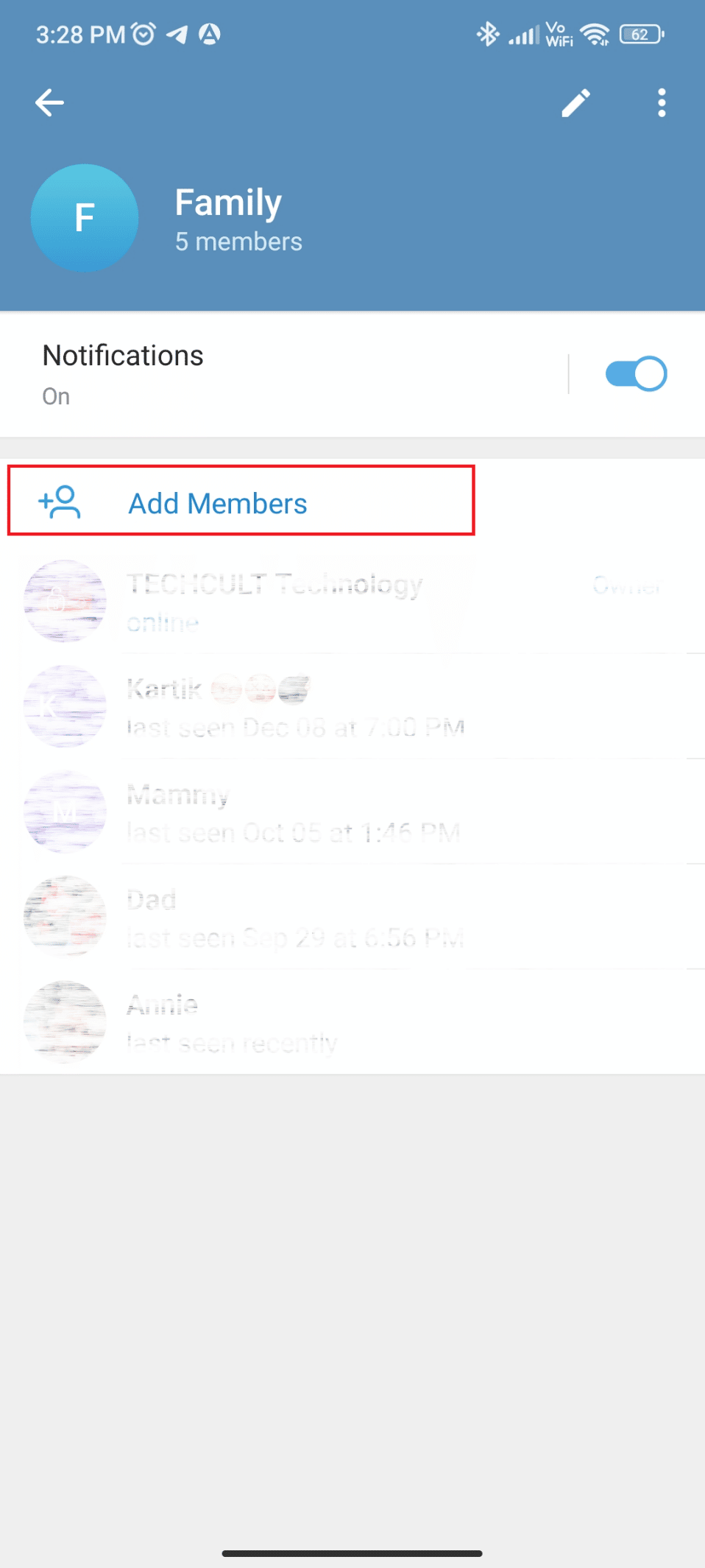 Toque Agregar miembros.  Cómo agregar miembros en un grupo de Telegram