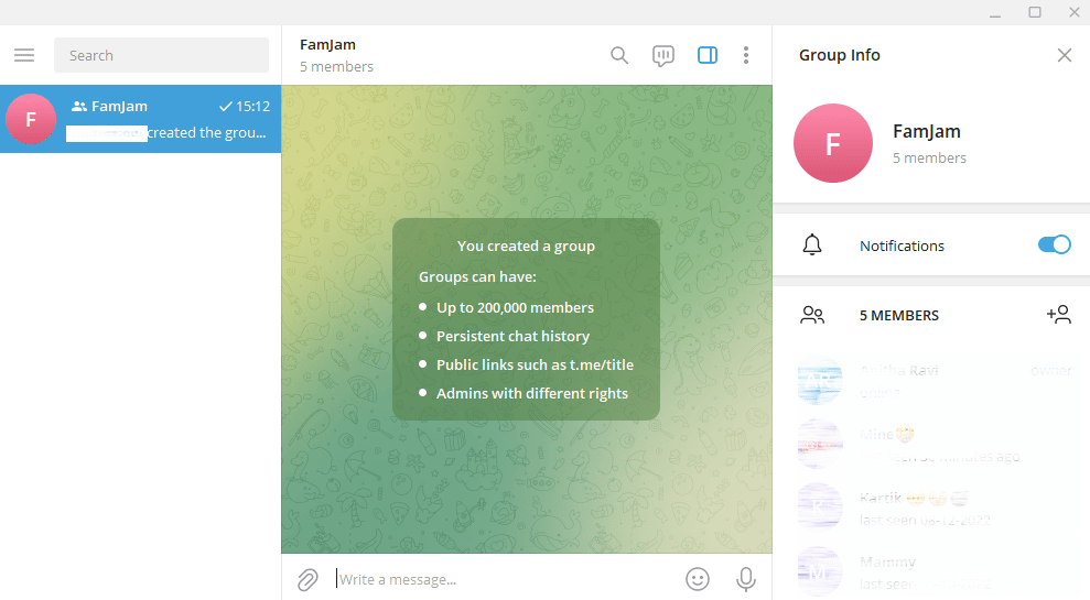 Se abrirá una pestaña extendida con los detalles del grupo.  Cómo agregar miembros en un grupo de Telegram