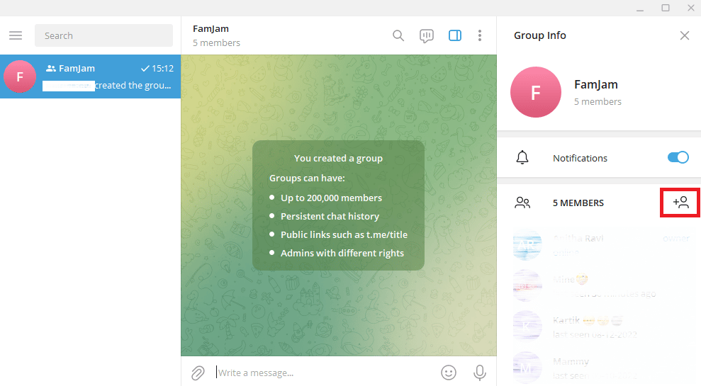 Haga clic en el icono de agregar miembro.  Cómo agregar miembros en un grupo de Telegram