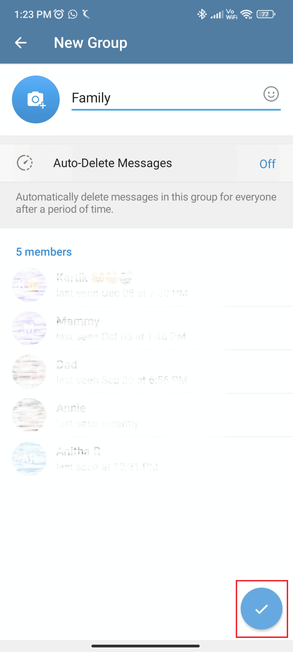 Toque el icono de marca.  Cómo agregar miembros en un grupo de Telegram