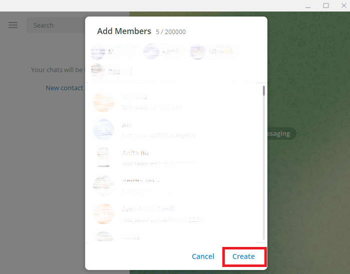 Haga clic en Crear.  Cómo agregar miembros en un grupo de Telegram