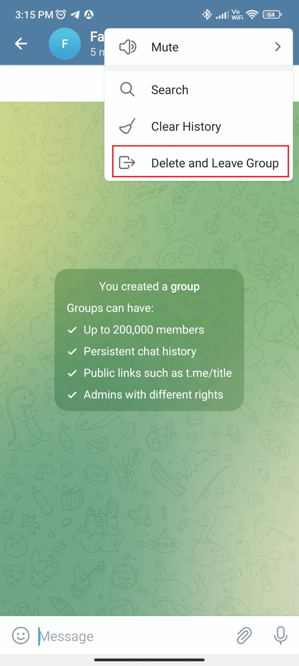 Toca Eliminar y abandonar el grupo.  Cómo agregar miembros en un grupo de Telegram