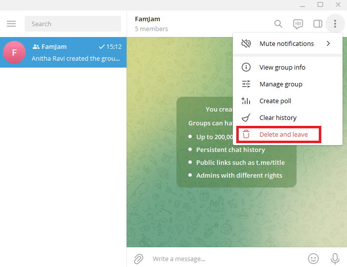 Haga clic en Eliminar y abandonar el grupo 
