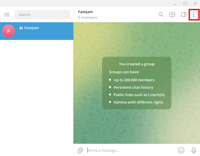 Haga clic en los tres puntos verticales.  Cómo agregar miembros en un grupo de Telegram