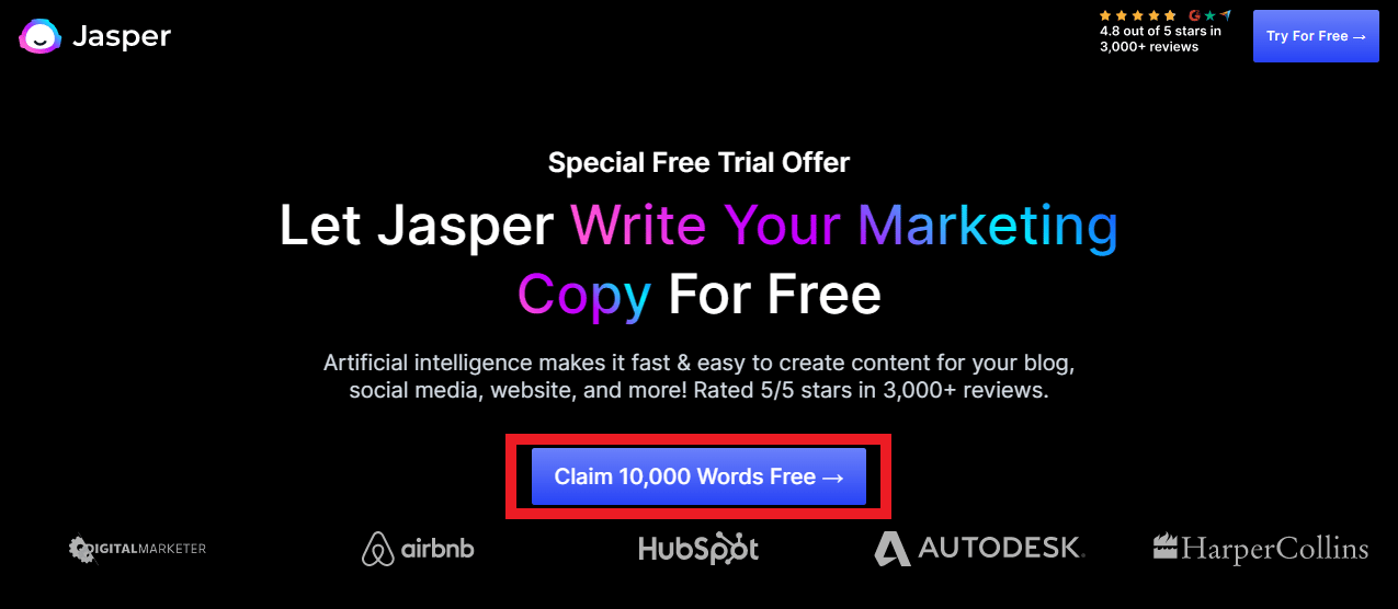 Haga clic en Jasper y haga clic en 10,000 palabras gratis 