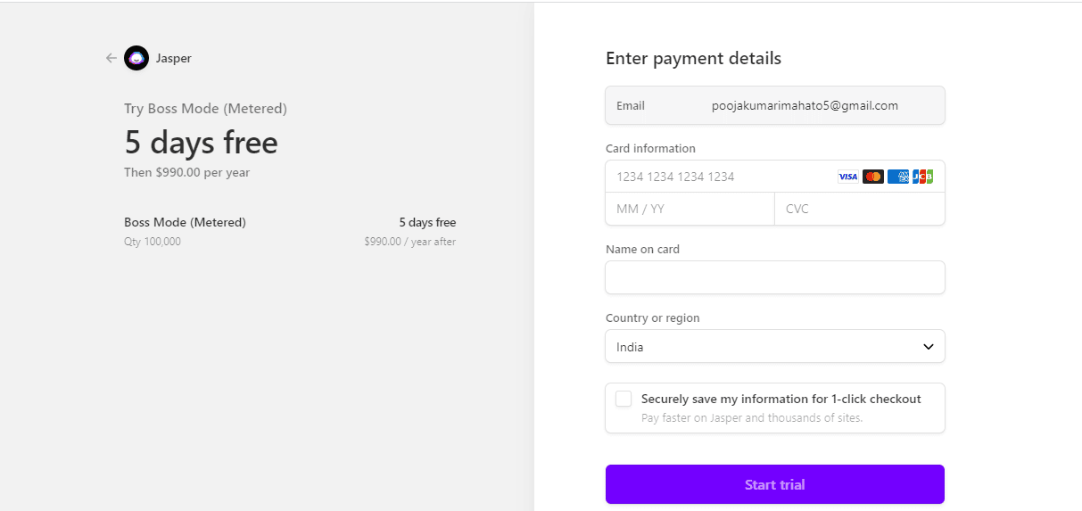 Introduce los datos de tu tarjeta y haz clic en Iniciar prueba.  Reseñas de Jasper AI: detalles, precios y características