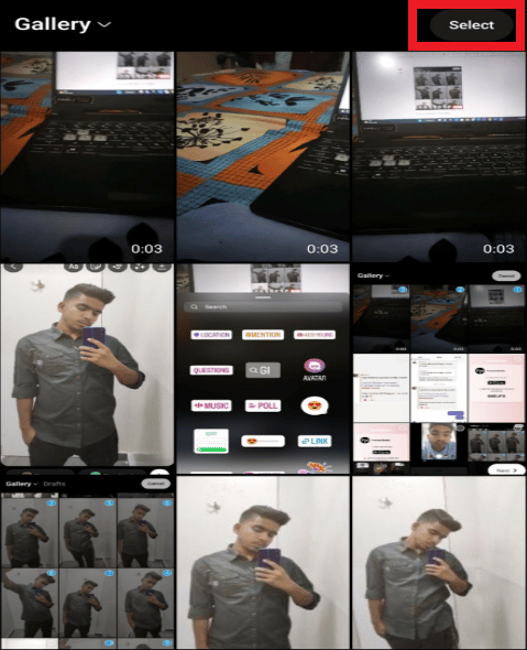 Luego haga clic en Seleccionar y elija los videos.  |  Cómo ocultar letras de música en la historia de Instagram