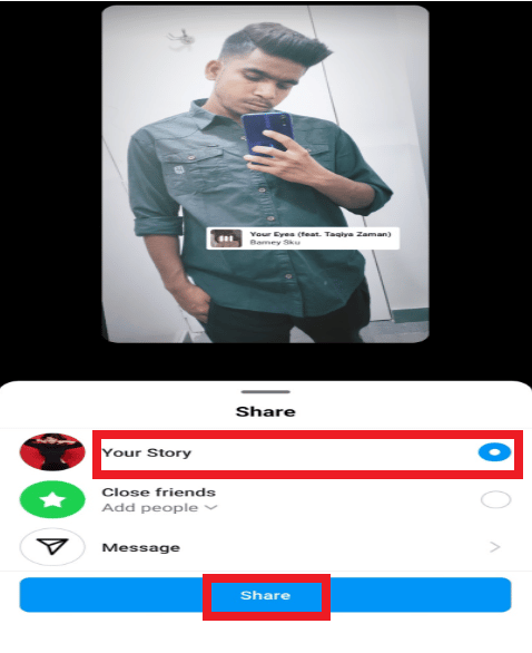 Luego haz clic en Tu historia y toca en Compartir.