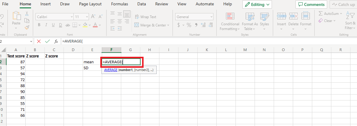 Haga clic en la nueva celda y escriba el promedio de igual.  Cómo calcular la puntuación Z en Excel