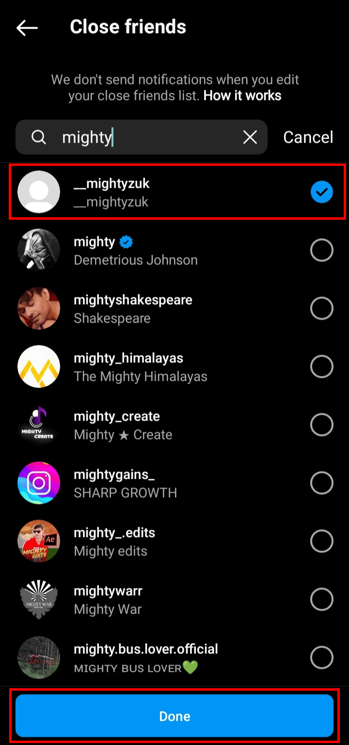 Toque el perfil de la persona y luego toque el botón Listo para agregar a esa persona a su lista de amigos cercanos en Instagram. 