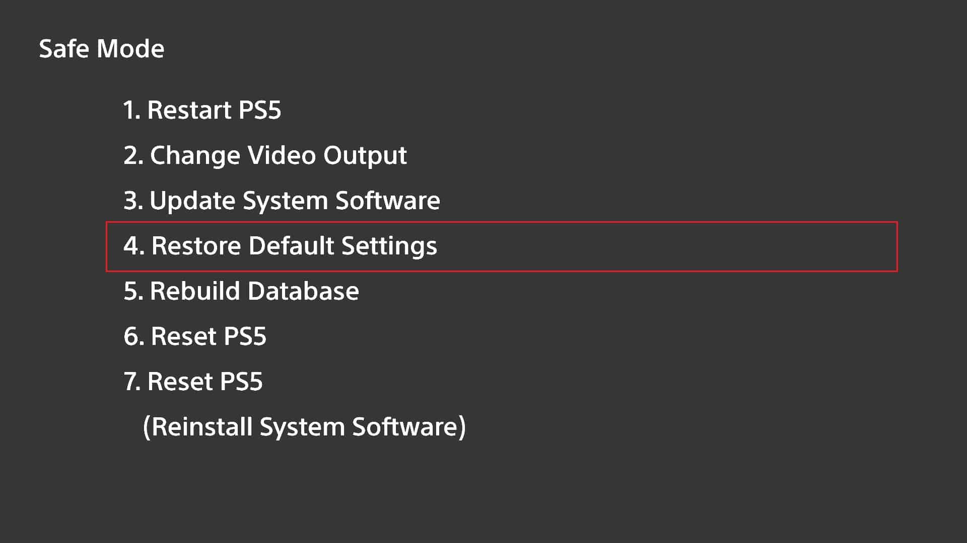 ps5 restaura la configuración predeterminada en modo seguro.  Arreglar el error de luz blanca parpadeante de PS5