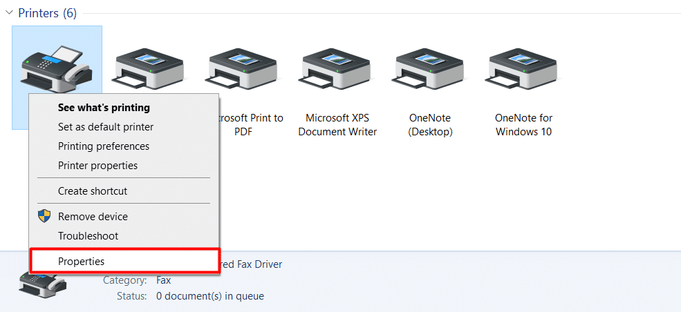 Haga clic con el botón derecho en la impresora deseada y seleccione Propiedades en el menú contextual | Cómo encontrar la dirección IP de la impresora en Windows 10