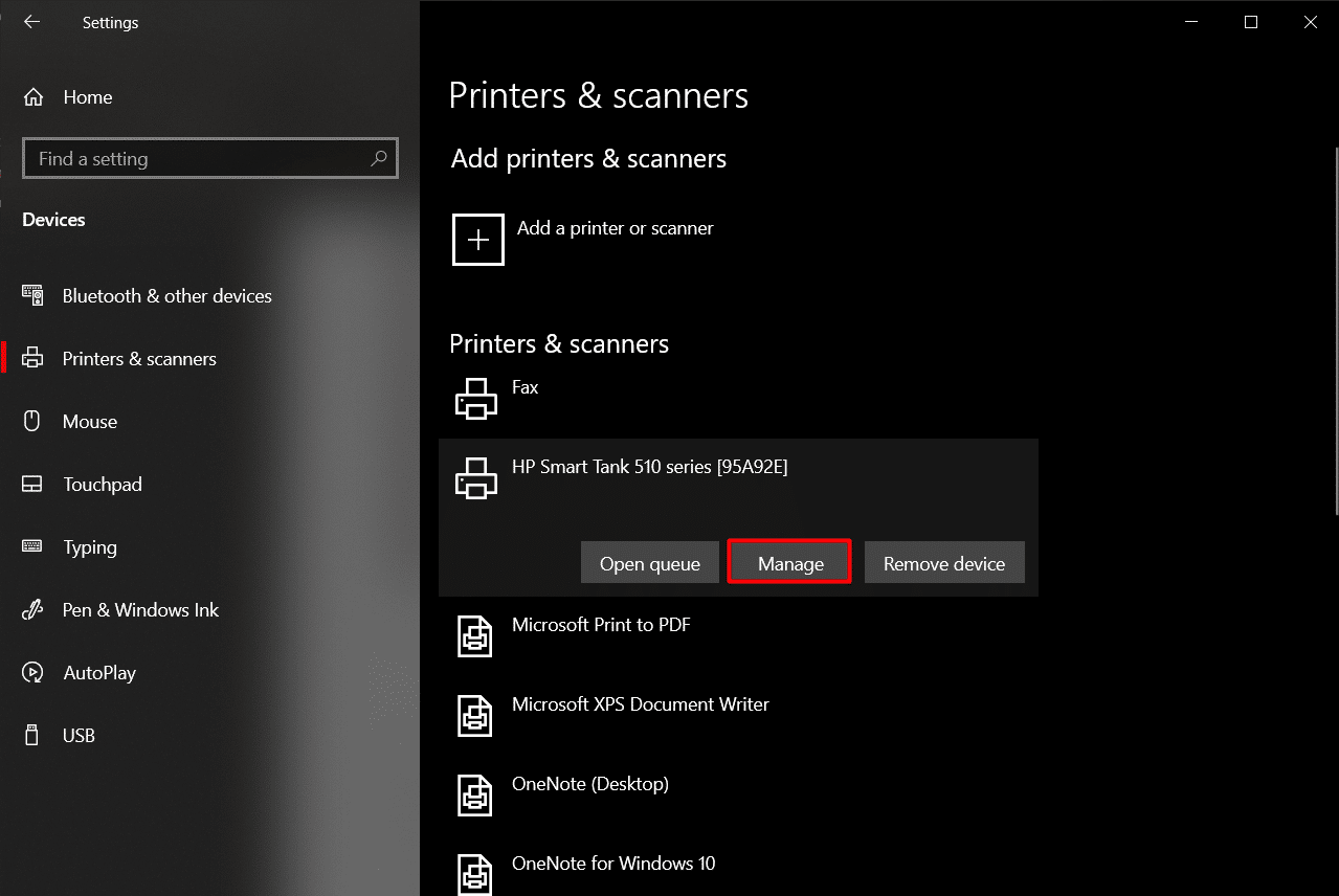 haga clic en su impresora y elija administrar | Cómo encontrar la dirección IP de la impresora en Windows 10