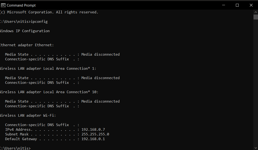escriba ipconfig y presione la tecla enter | Cómo encontrar la dirección IP de la impresora en Windows 10