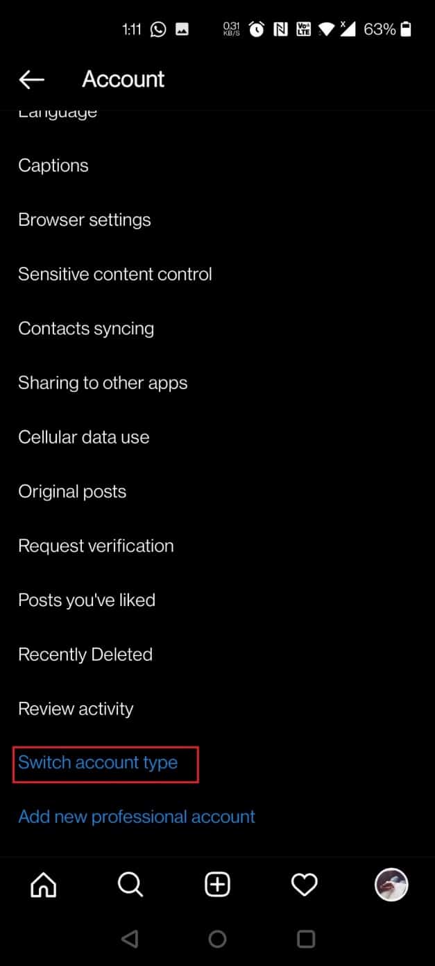 Toca la opción Cambiar tipo de cuenta |  Cómo dejar de leer mensajes en una cuenta privada de Instagram