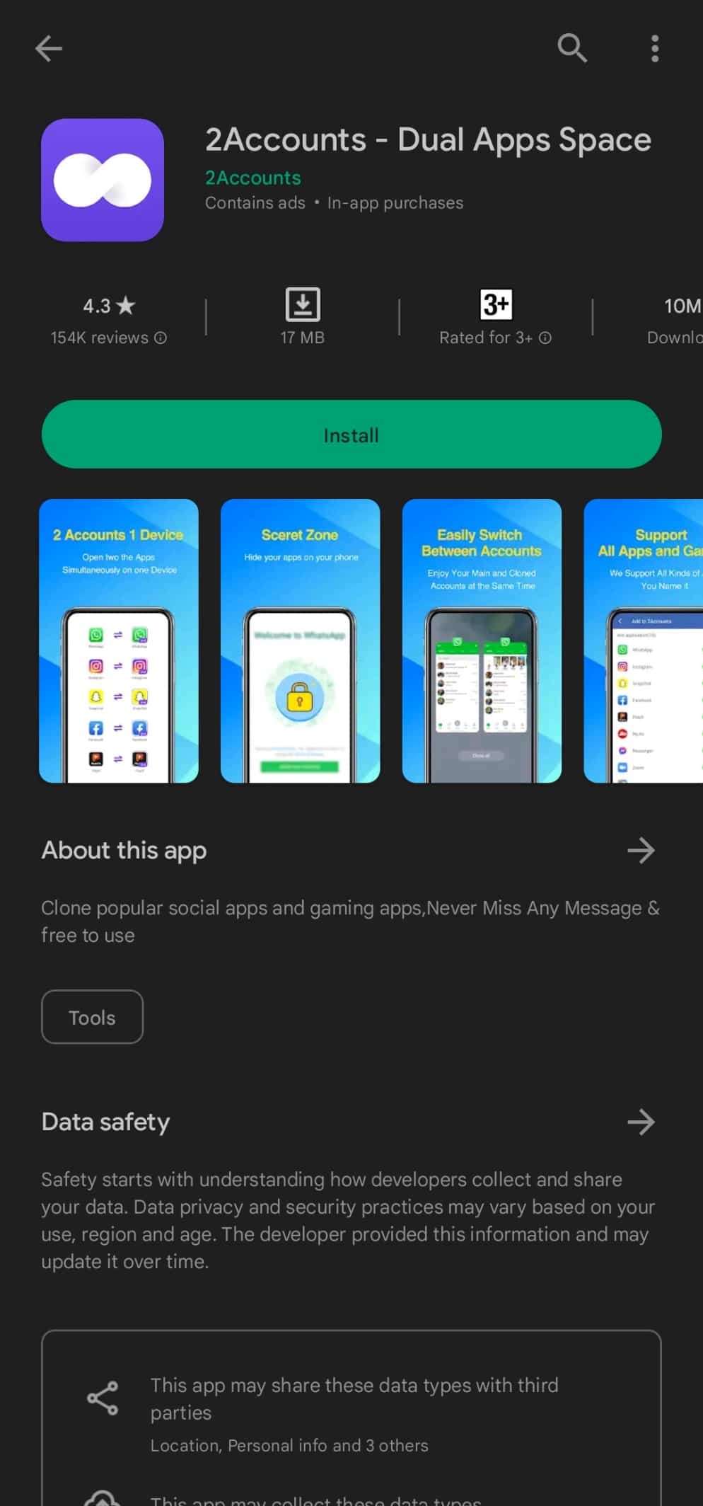 2 cuentas de espacio de aplicaciones duales.  Cómo instalar la misma aplicación dos veces sin espacio paralelo