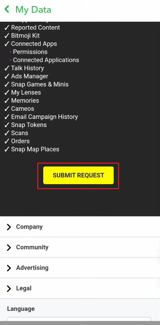 Desliza hacia abajo y toca ENVIAR SOLICITUD |  Cómo recuperar recuerdos eliminados de Snapchat