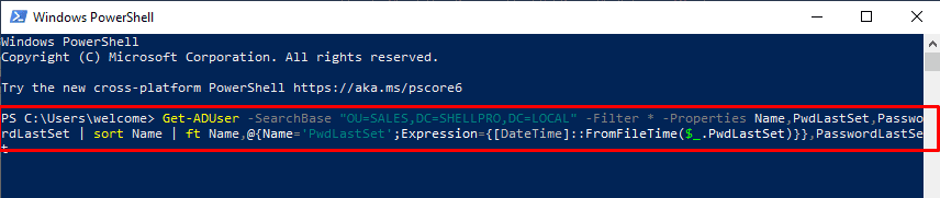 Comando Get-ADUser-SearchBase.  Cómo encontrar la última contraseña establecida usando PowerShell