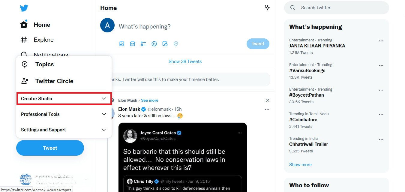 Haz clic en Creator Studio.  ¿Puedes ver quién acecha tu perfil de Twitter?