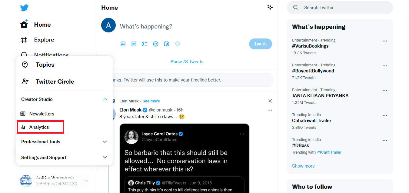 Haga clic en Análisis.  ¿Puedes ver quién acecha tu perfil de Twitter?