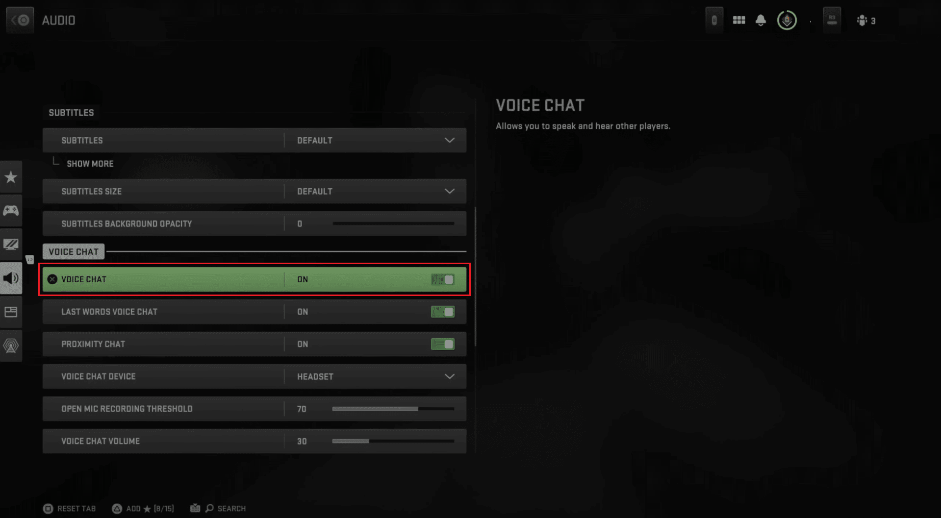 Desplácese hacia abajo y active el interruptor para la opción CHAT DE VOZ | Cómo dejar de silenciar a los jugadores en Warzone
