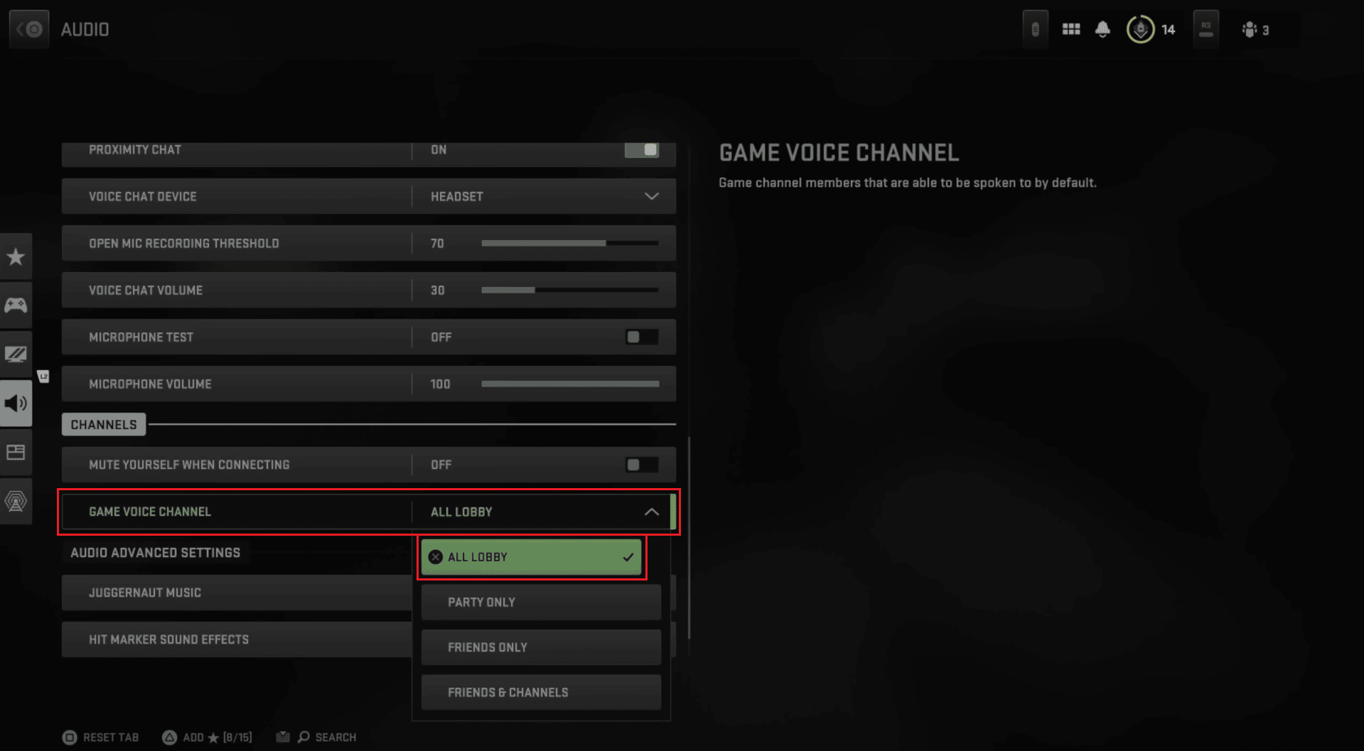 navegue a la sección CANALES y seleccione la opción TODO LOBBY para el CANAL DE VOZ DEL JUEGO