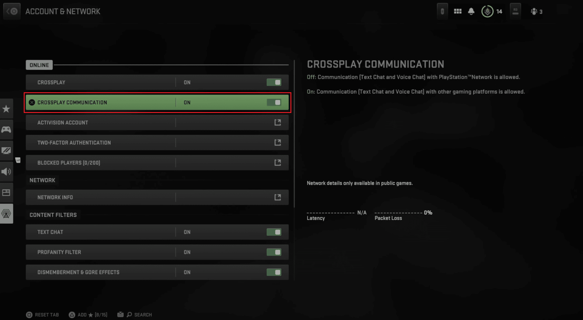 Habilite la función de COMUNICACIÓN CROSSPLAY seleccionando la opción ON | Cómo dejar de silenciar a los jugadores en Warzone