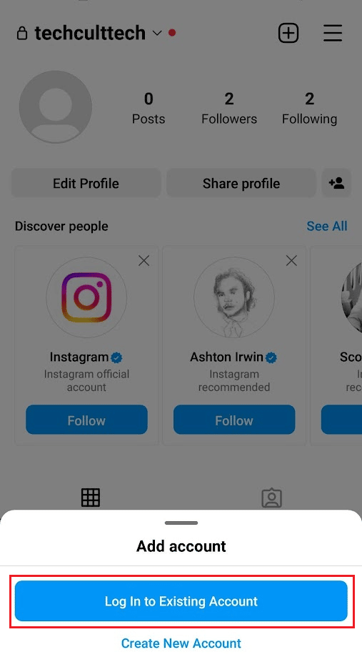 Toque Iniciar sesión en una cuenta existente | Cómo eliminar una cuenta recordada en Instagram