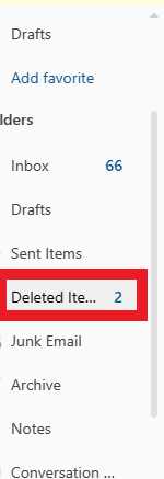 Abra Outlook y haga clic en Elementos eliminados en el lado izquierdo.  |  Cómo archivar en Outlook 365