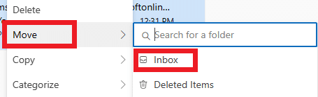 haga clic con el botón derecho en él y seleccione Mover y luego Bandeja de entrada para volver a moverlo a su bandeja de entrada.  |  Cómo archivar en Outlook 365