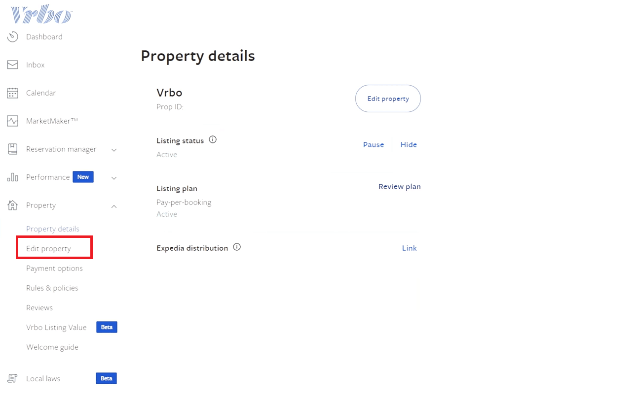 haga clic en Editar propiedad |  Atención al cliente VRB
