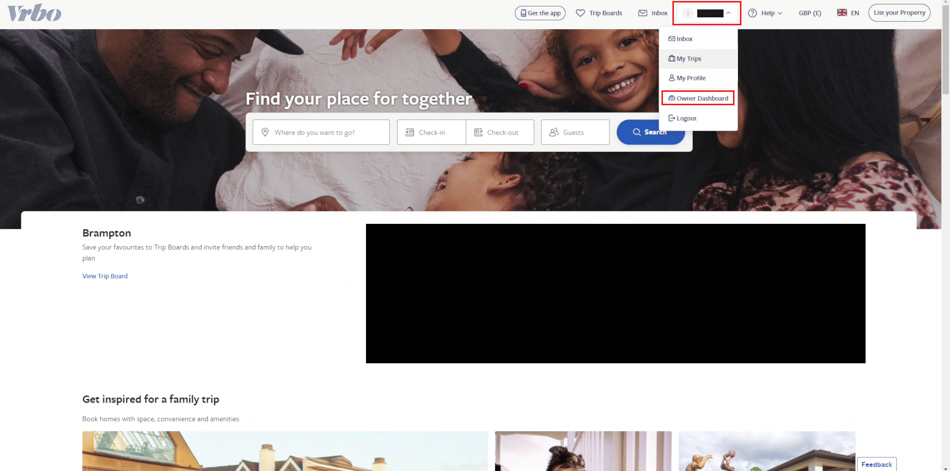 haga clic en el nombre de su perfil - Panel de propietario |  Atención al cliente VRB