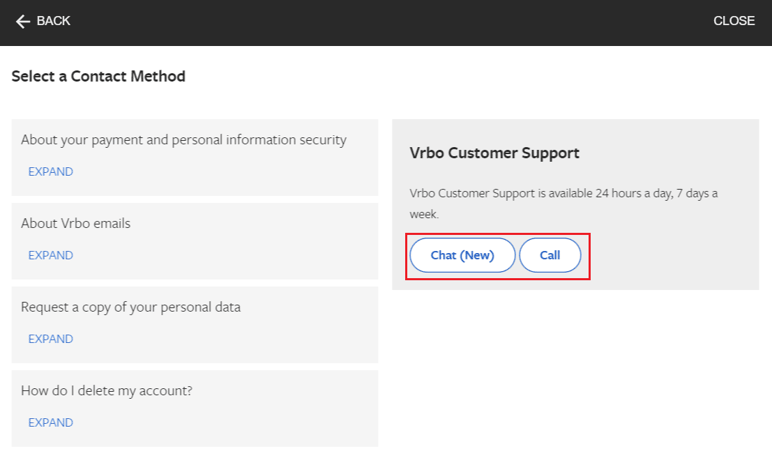 Llame o chatee con el servicio de atención al cliente de VRBO |  Atención al cliente VRB