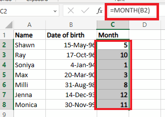 Arrastre el controlador de autocompletar sobre más celdas para aplicar la fórmula para obtener el valor del mes a partir de las fechas para obtener el valor de cada celda.
