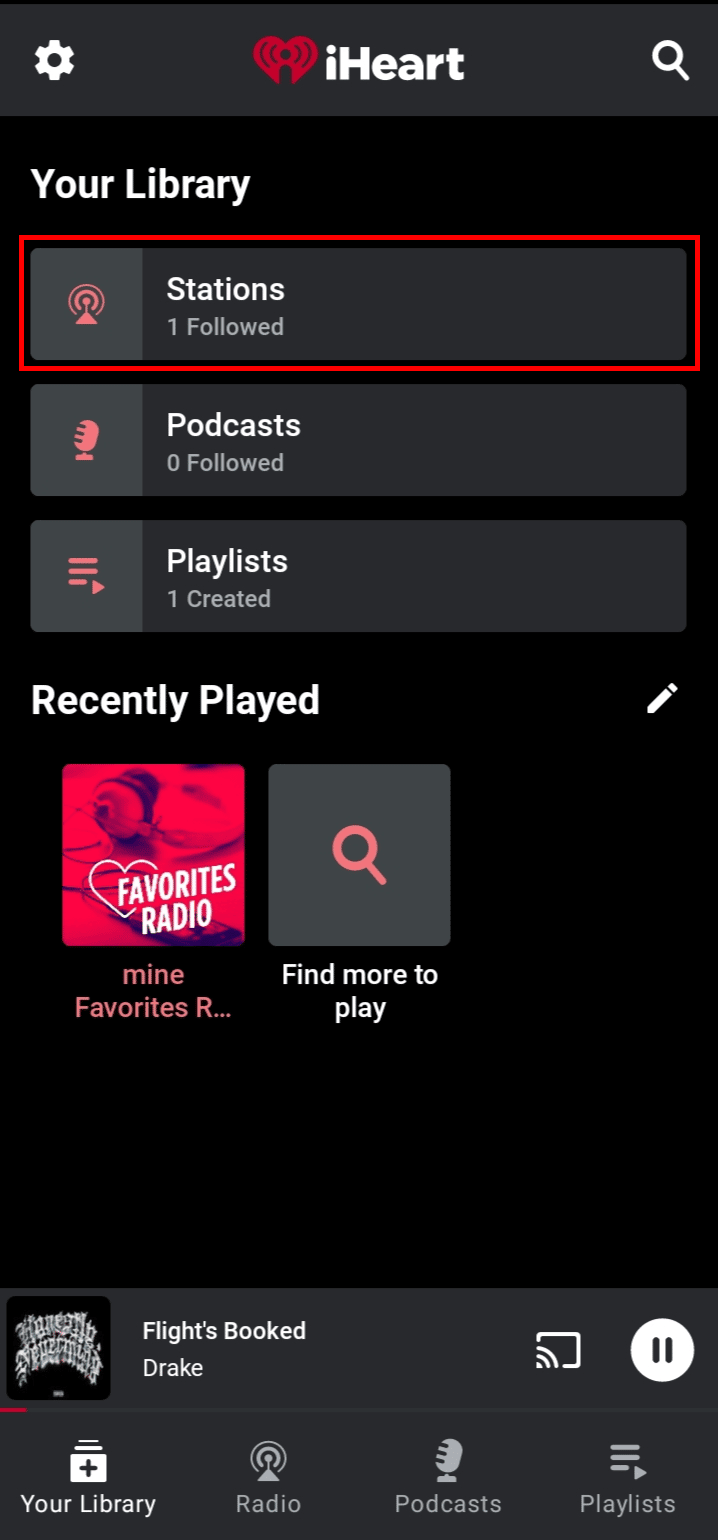 Toca la opción Estaciones.  |  Cómo eliminar la cuenta de iHeartRadio