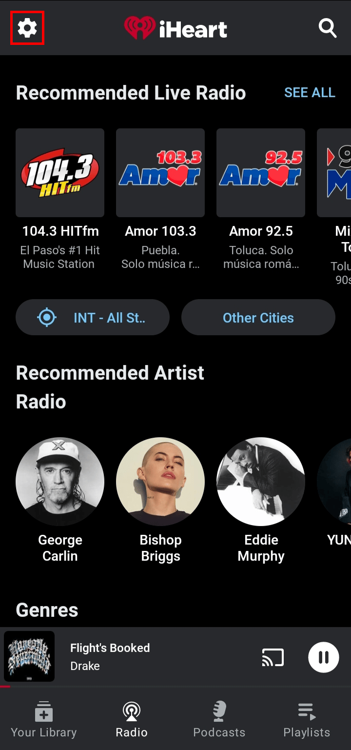 Toque la configuración o el ícono de ajustes en la esquina superior izquierda de la pantalla.  |  Número de contacto de iHeartRadio