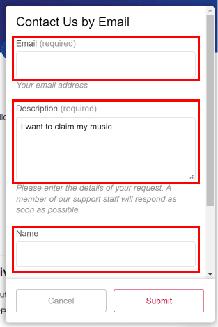 Ingrese su dirección de correo electrónico, Descripción (ya completada) y Nombre.  |  Cómo eliminar la cuenta de iHeartRadio