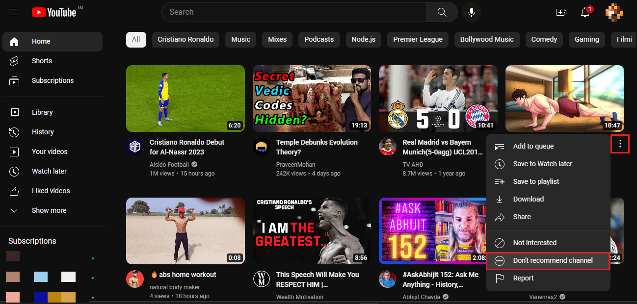 seleccione la opción de no recomendar canal en el video de Youtube