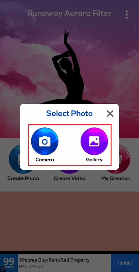 Cámara para capturar la foto deseada O Galería para seleccionar la foto deseada