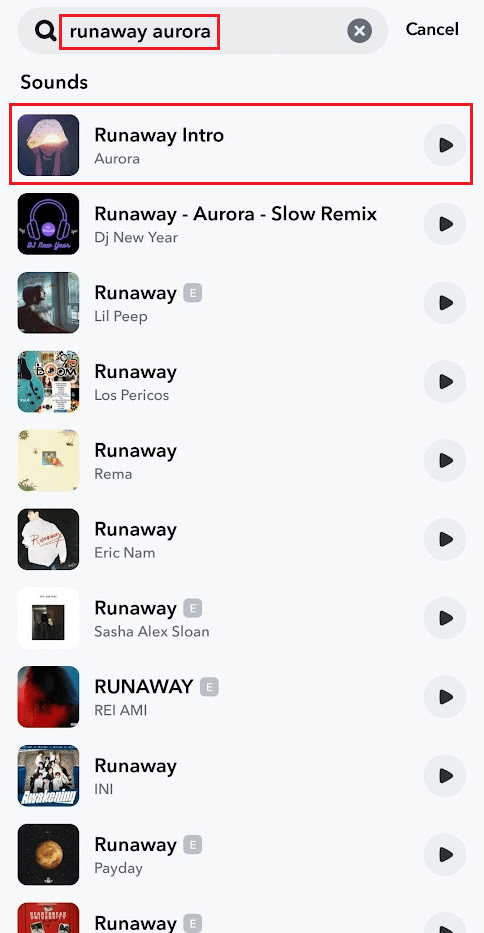 Busque la canción Runaway Aurora y seleccione el resultado de la búsqueda