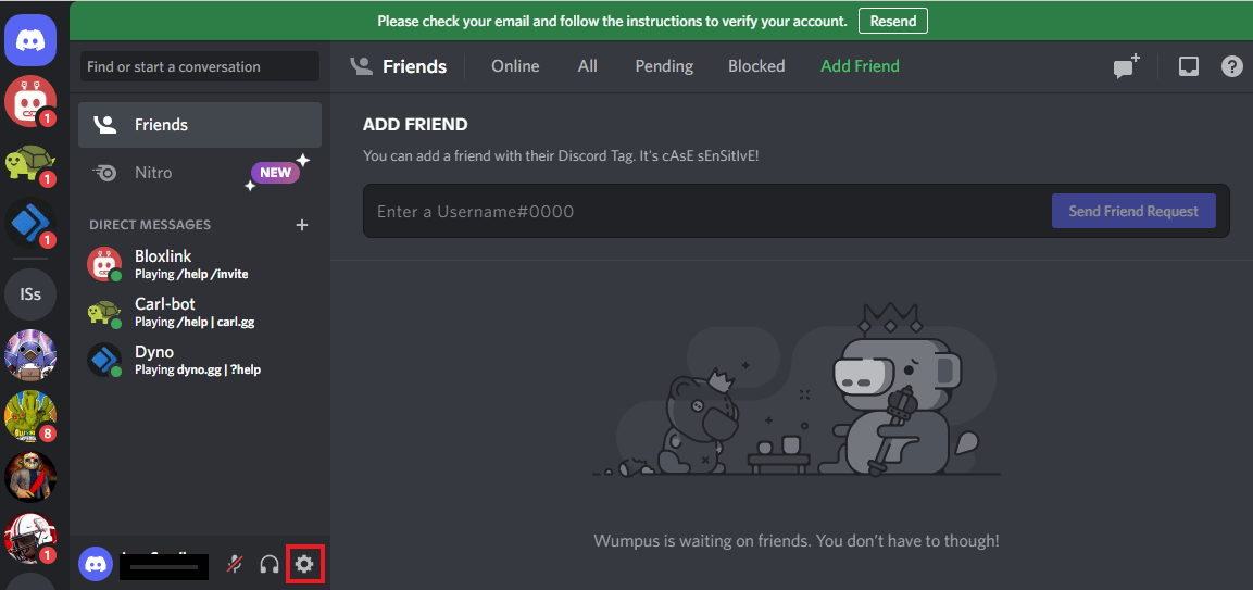 Haga clic en el icono de Configuración.  5 formas de arreglar el error de solicitud de amistad de Discord