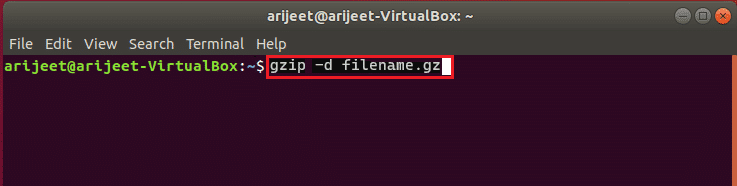 Comando gzip -d filename.gz en la terminal de Linux.  cómo descomprimir el archivo GZ