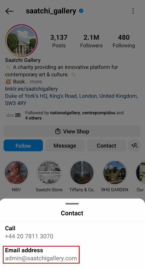 Busque la dirección de correo electrónico en el menú emergente Contacto |  Cómo encontrar el correo electrónico asociado con la cuenta de Instagram