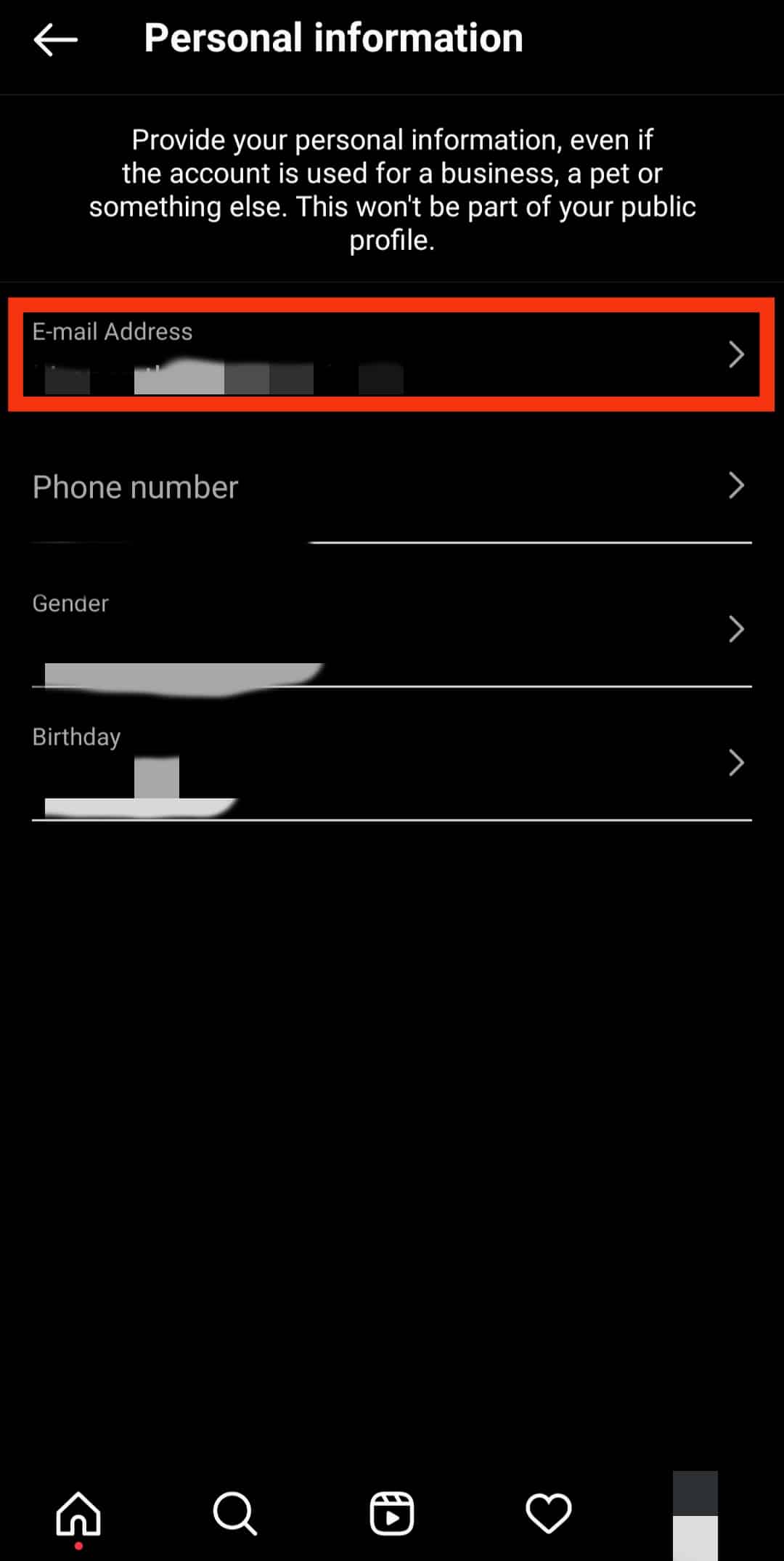 Toca Dirección de correo electrónico junto a Información personal.  |  Cómo encontrar el correo electrónico asociado con la cuenta de Instagram