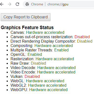 Esto abrirá la página de información de la GPU en Chrome.
